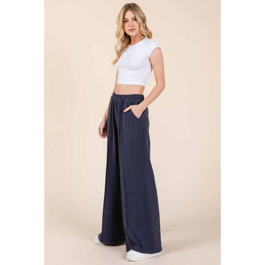 BOMBOM Elastic Waist Wide Leg Pants with Pockets Apparel and Accessories