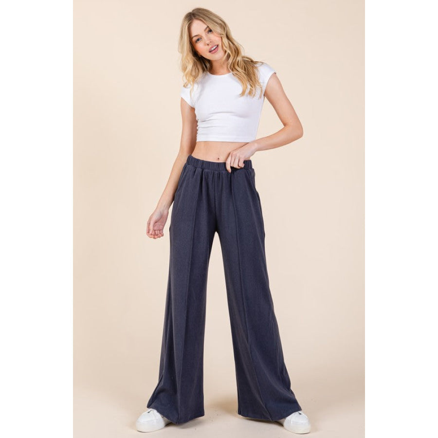 BOMBOM Elastic Waist Wide Leg Pants with Pockets Navy / S Apparel and Accessories