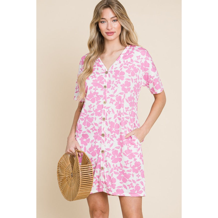 BOMBOM Floral Button Down Mini Dress Apparel and Accessories