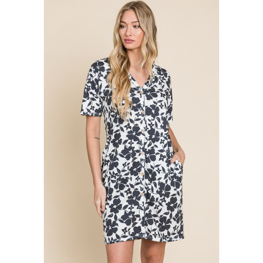 BOMBOM Floral Button Down Mini Dress Apparel and Accessories