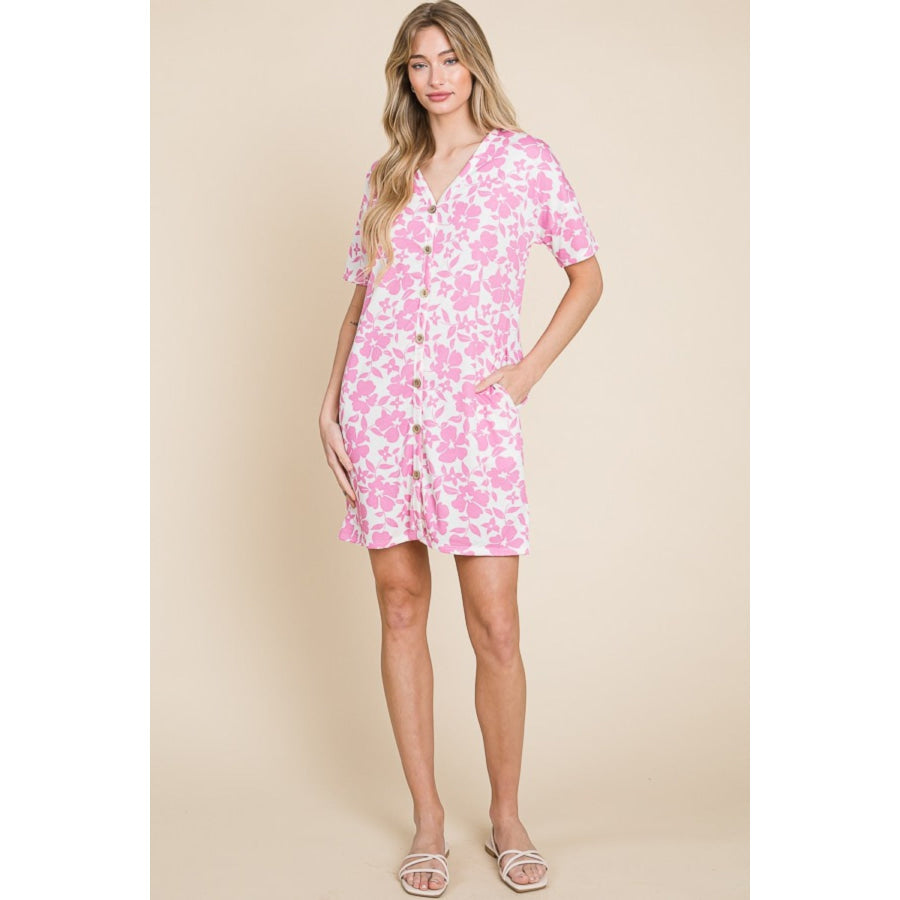 BOMBOM Floral Button Down Mini Dress Apparel and Accessories