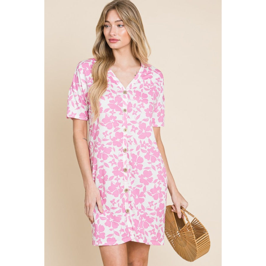 BOMBOM Floral Button Down Mini Dress Apparel and Accessories