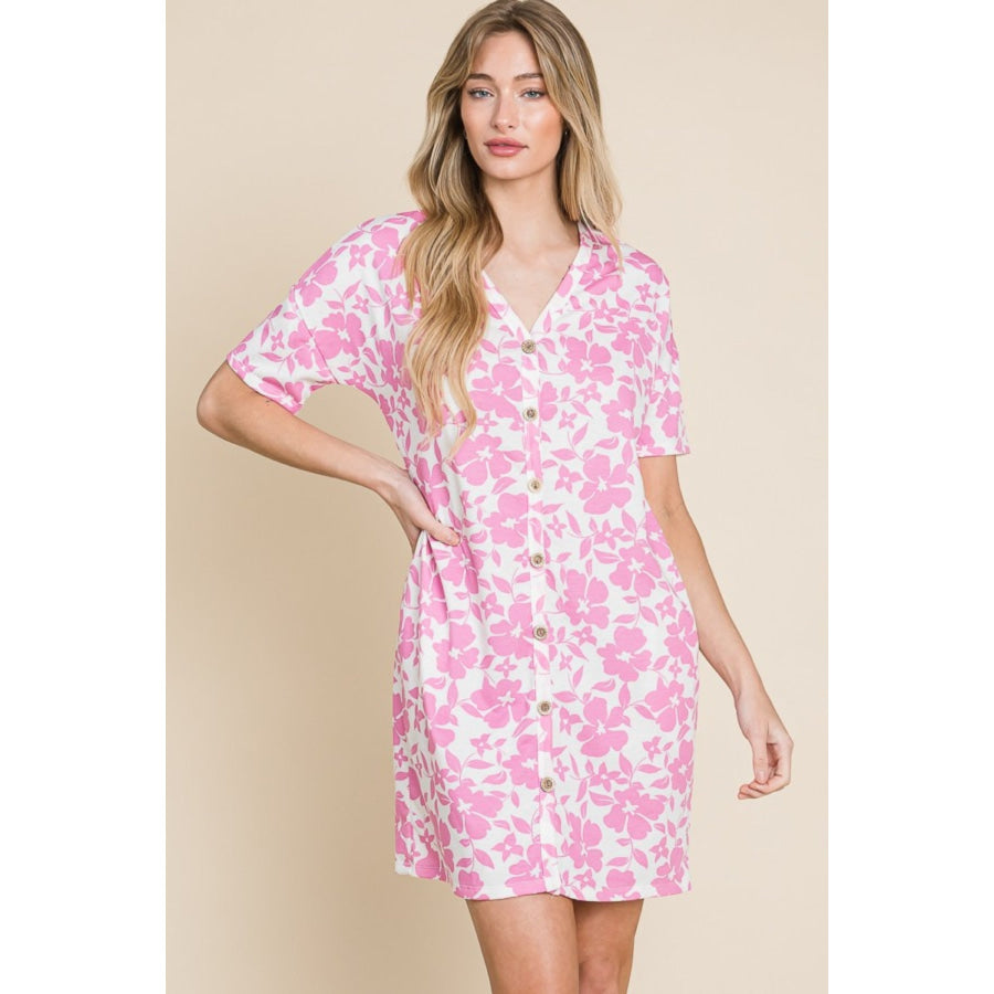 BOMBOM Floral Button Down Mini Dress Pink / S Apparel and Accessories