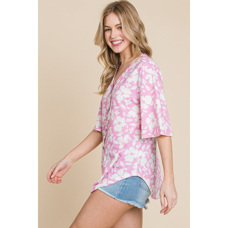 BOMBOM Floral Decorative Button V - Neck Top Apparel and Accessories