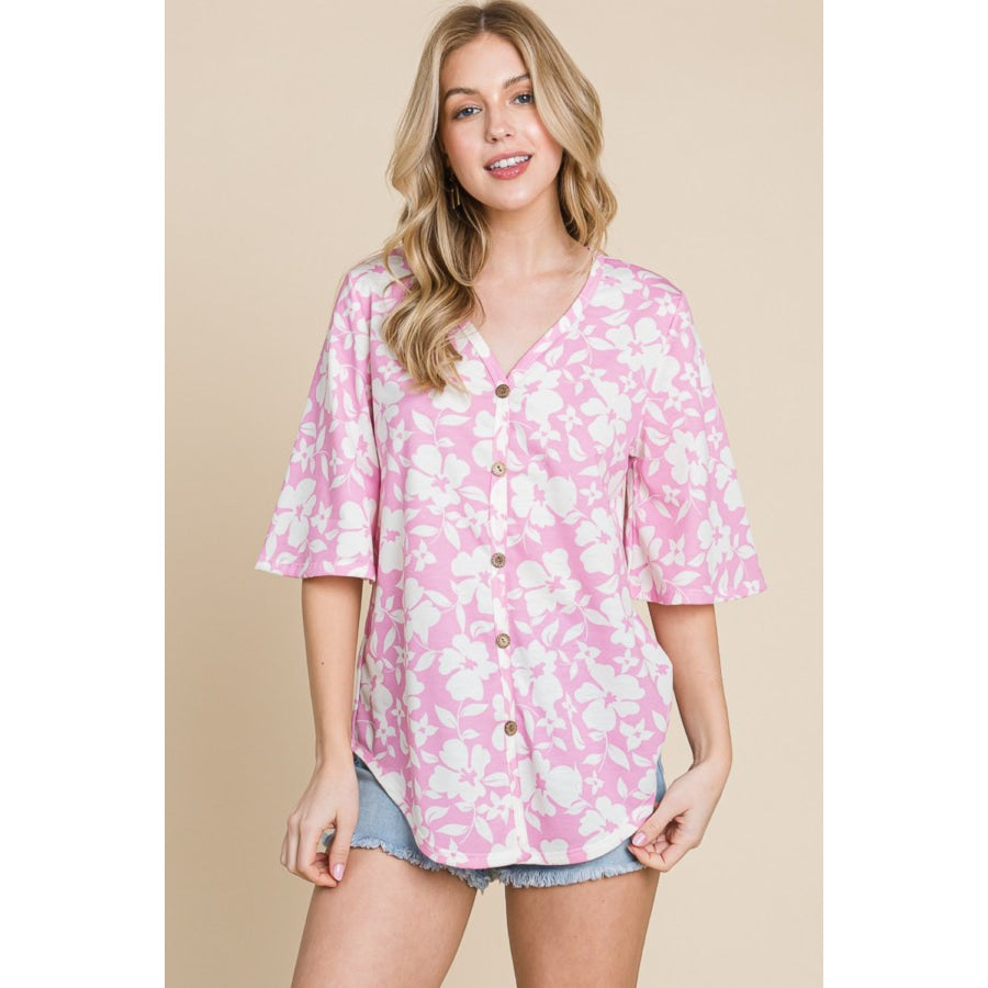 BOMBOM Floral Decorative Button V - Neck Top Apparel and Accessories