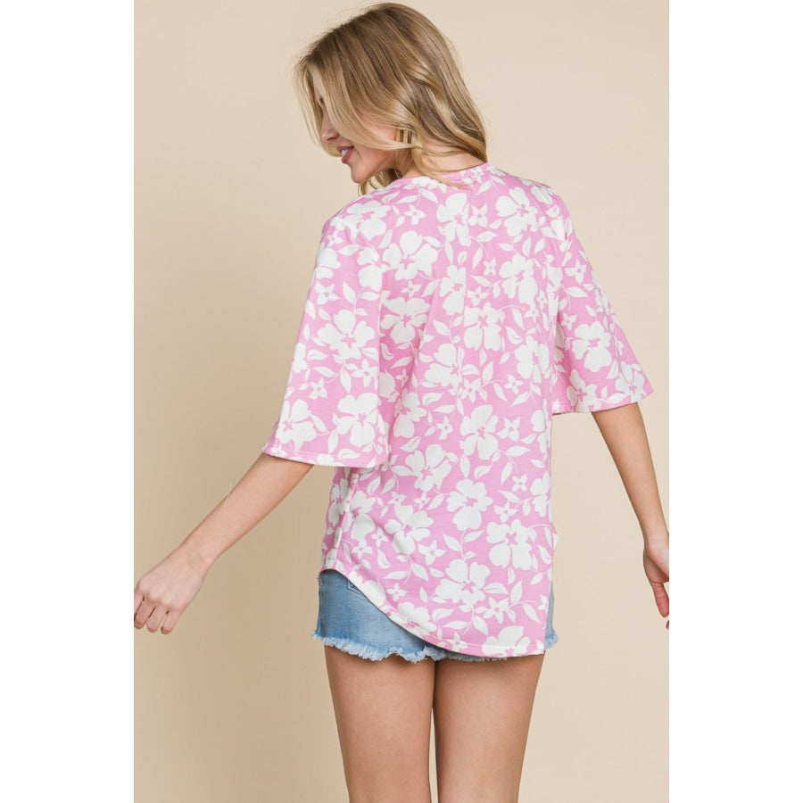 BOMBOM Floral Decorative Button V - Neck Top Pink / S Apparel and Accessories