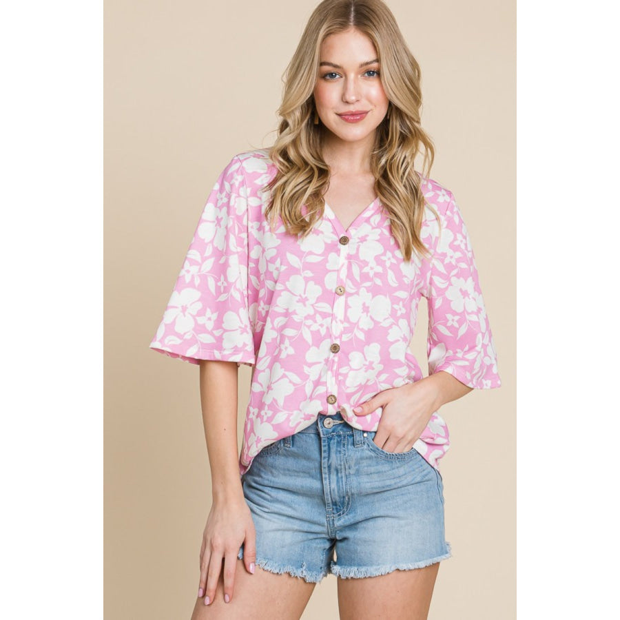 BOMBOM Floral Decorative Button V - Neck Top Pink / S Apparel and Accessories