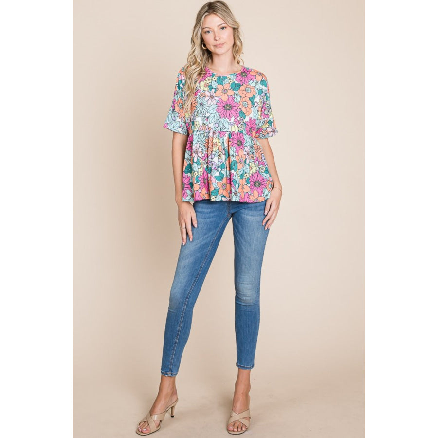 BOMBOM Floral Round Neck Short Sleeve Blouse Apparel and Accessories