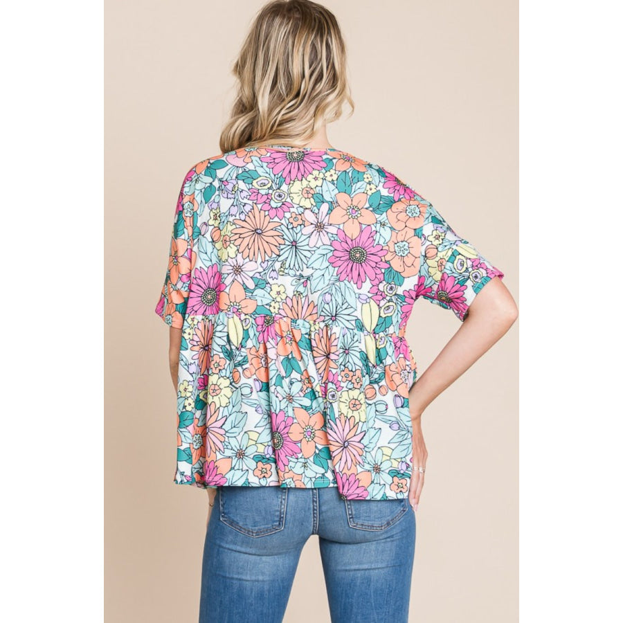 BOMBOM Floral Round Neck Short Sleeve Blouse Apparel and Accessories