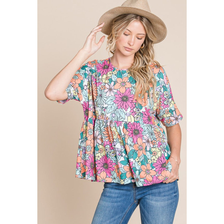 BOMBOM Floral Round Neck Short Sleeve Blouse / S Apparel and Accessories