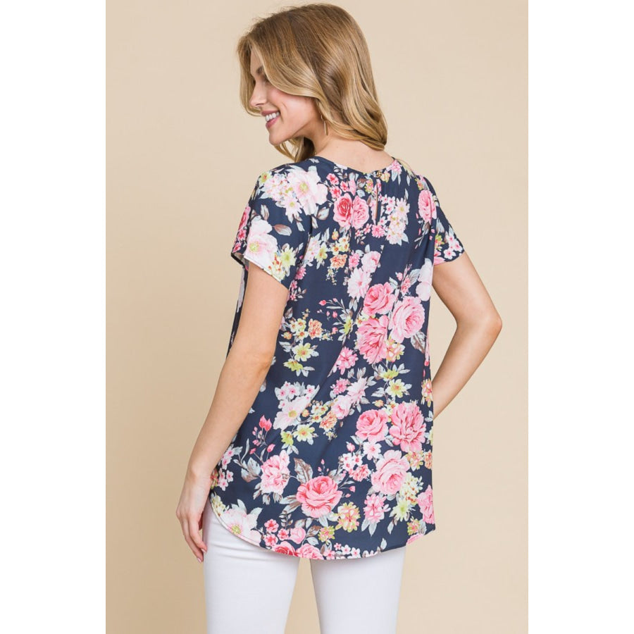BOMBOM Floral Round Neck Short Sleeve T - Shirt Apparel and Accessories