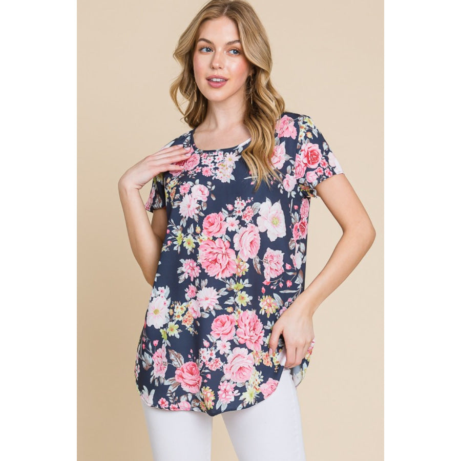BOMBOM Floral Round Neck Short Sleeve T - Shirt Apparel and Accessories