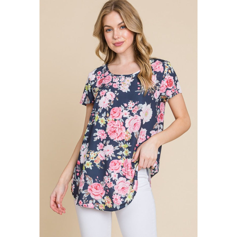 BOMBOM Floral Round Neck Short Sleeve T - Shirt Navy / S Apparel and Accessories