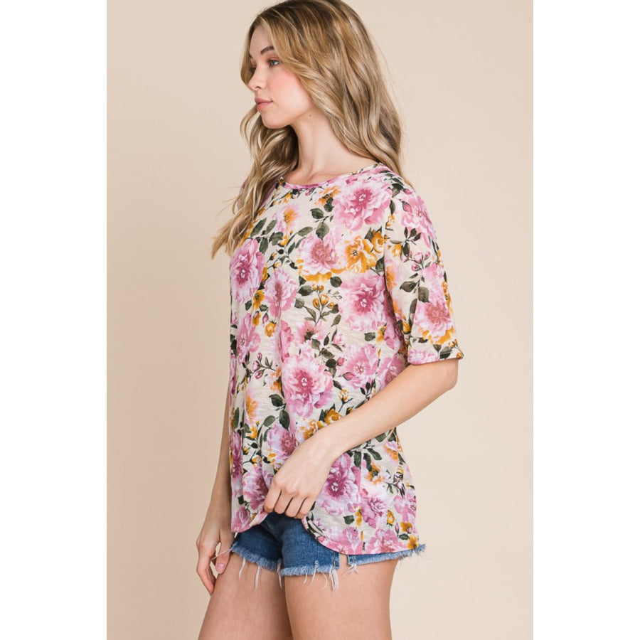 BOMBOM Floral Round Neck T-Shirt Apparel and Accessories
