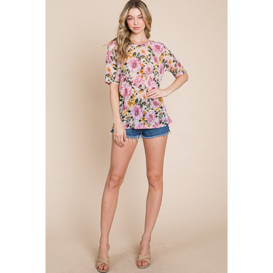 BOMBOM Floral Round Neck T-Shirt Apparel and Accessories