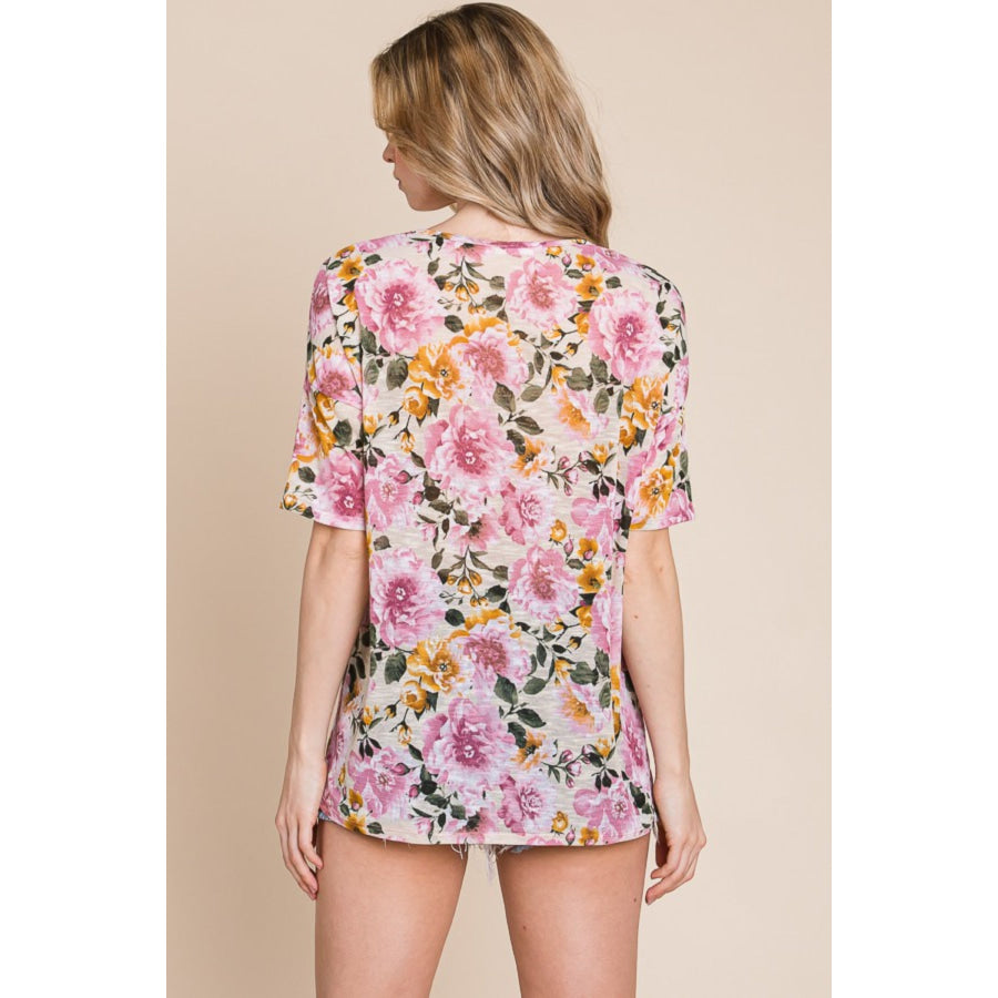 BOMBOM Floral Round Neck T-Shirt Apparel and Accessories
