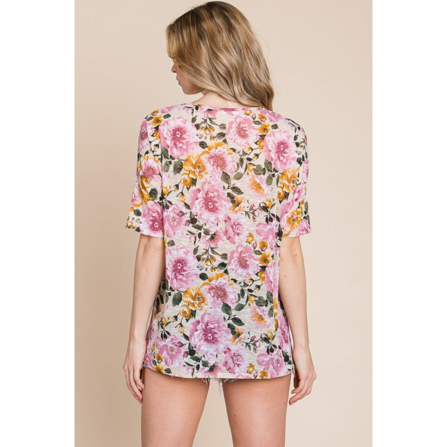 BOMBOM Floral Round Neck T-Shirt Sand / S Apparel and Accessories