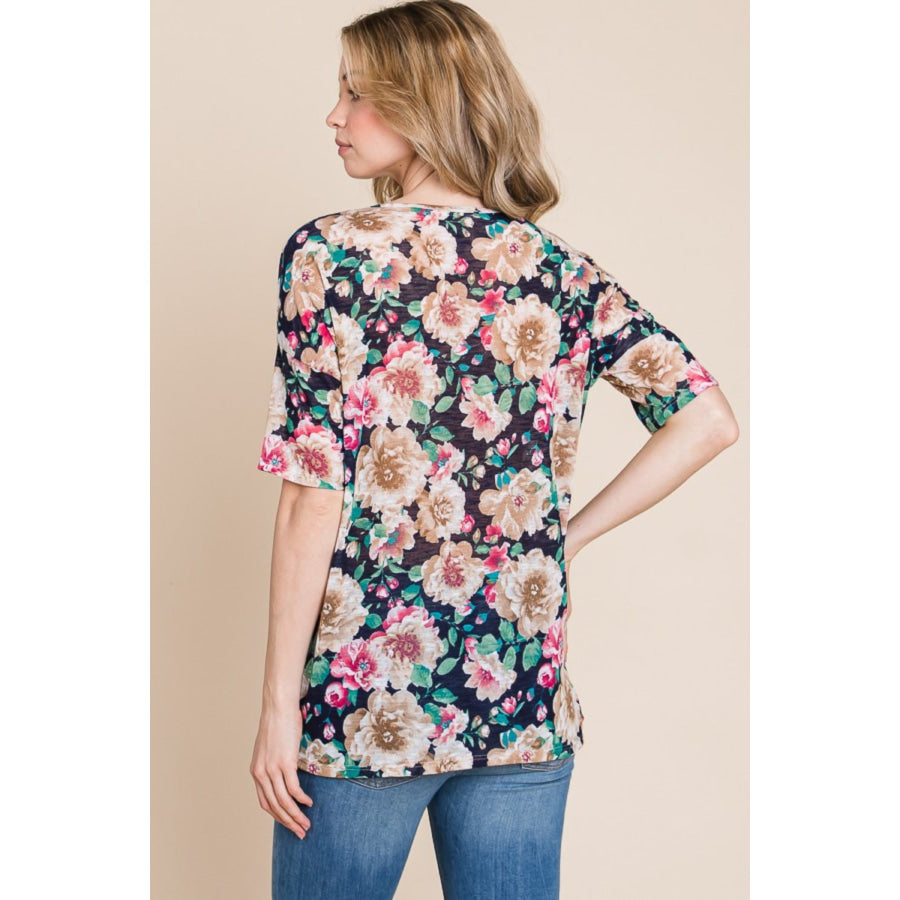 BOMBOM Floral Round Neck T - Shirt Navy / S Apparel and Accessories