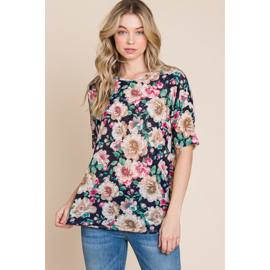 BOMBOM Floral Round Neck T - Shirt Apparel and Accessories