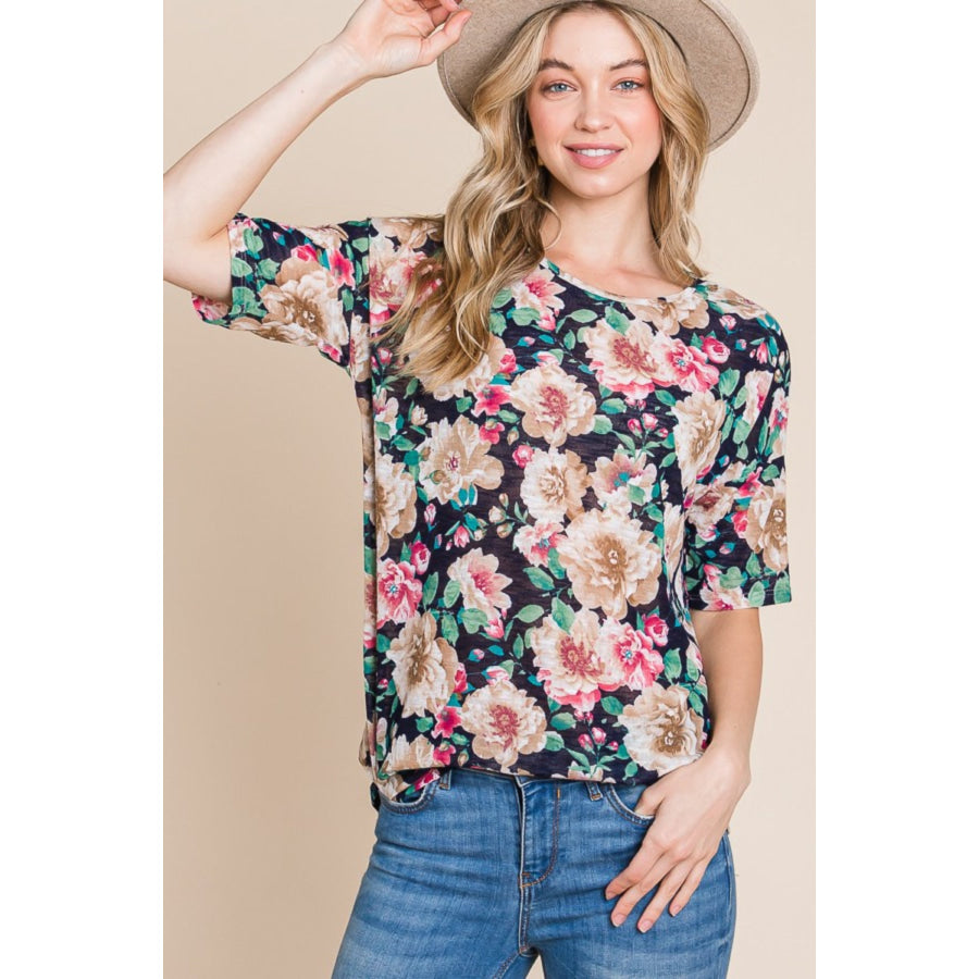 BOMBOM Floral Round Neck T - Shirt Navy / S Apparel and Accessories