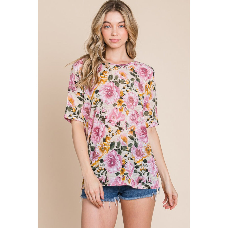 BOMBOM Floral Round Neck T-Shirt Sand / S Apparel and Accessories