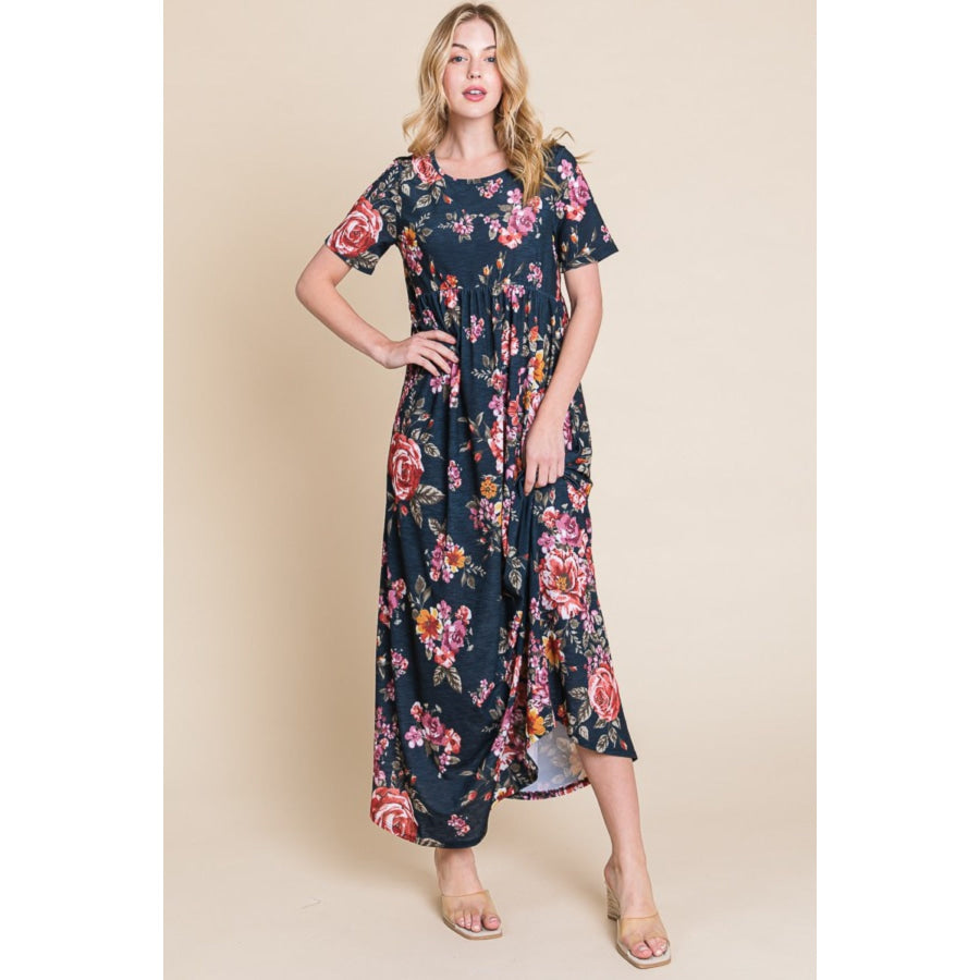 BOMBOM Floral Short Sleeve Maxi Dress Apparel and Accessories