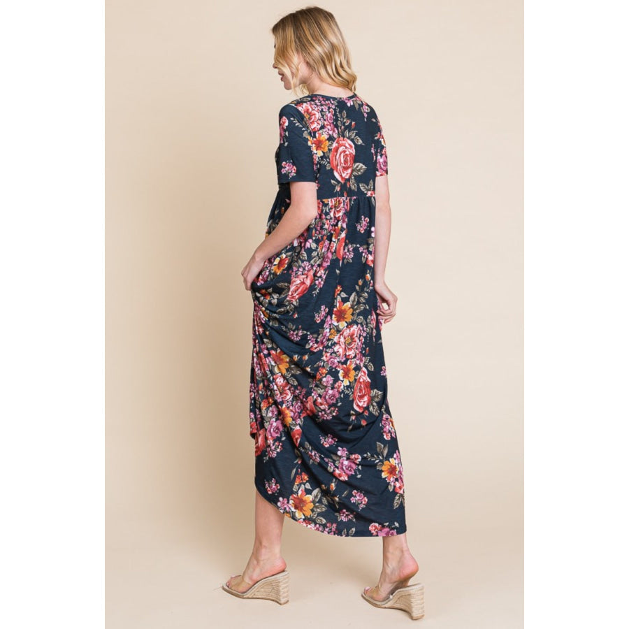 BOMBOM Floral Short Sleeve Maxi Dress Apparel and Accessories