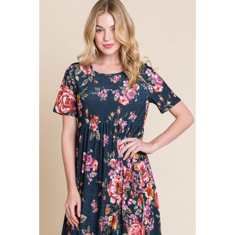 BOMBOM Floral Short Sleeve Maxi Dress Apparel and Accessories