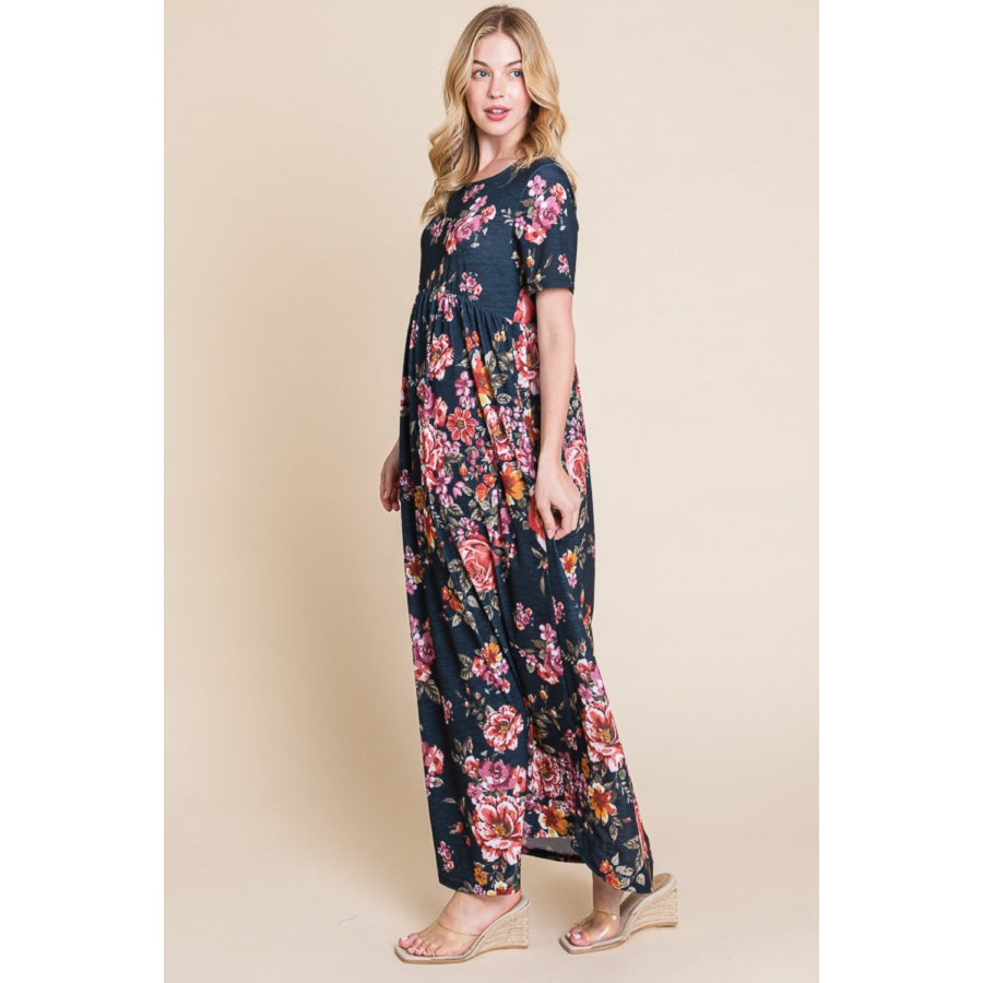 BOMBOM Floral Short Sleeve Maxi Dress Apparel and Accessories