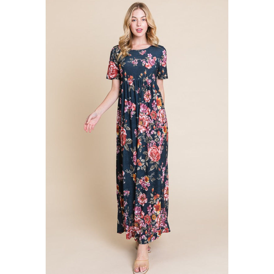 BOMBOM Floral Short Sleeve Maxi Dress Floral / S Apparel and Accessories