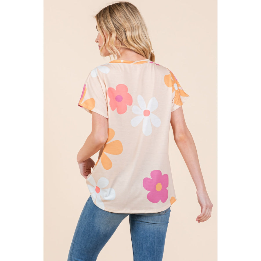 BOMBOM Floral Short Sleeve T-Shirt Beige / S Apparel and Accessories