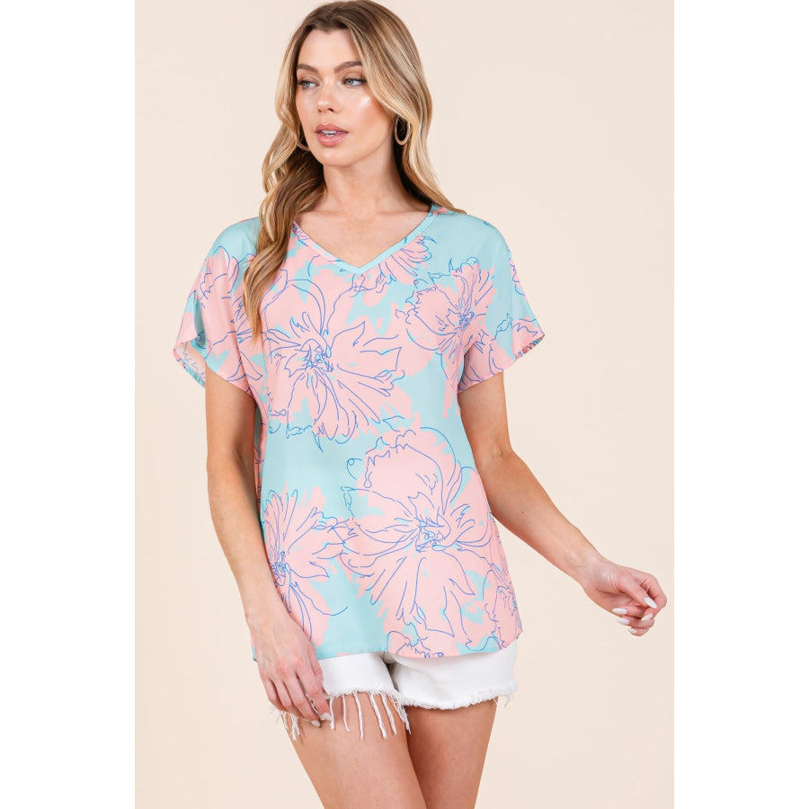 BOMBOM Floral Short Sleeve T - Shirt Aqua - Pink / S Apparel and Accessories