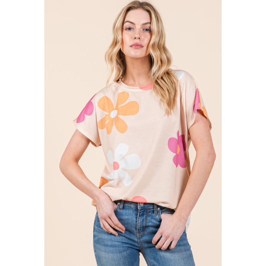 BOMBOM Floral Short Sleeve T-Shirt Beige / S Apparel and Accessories