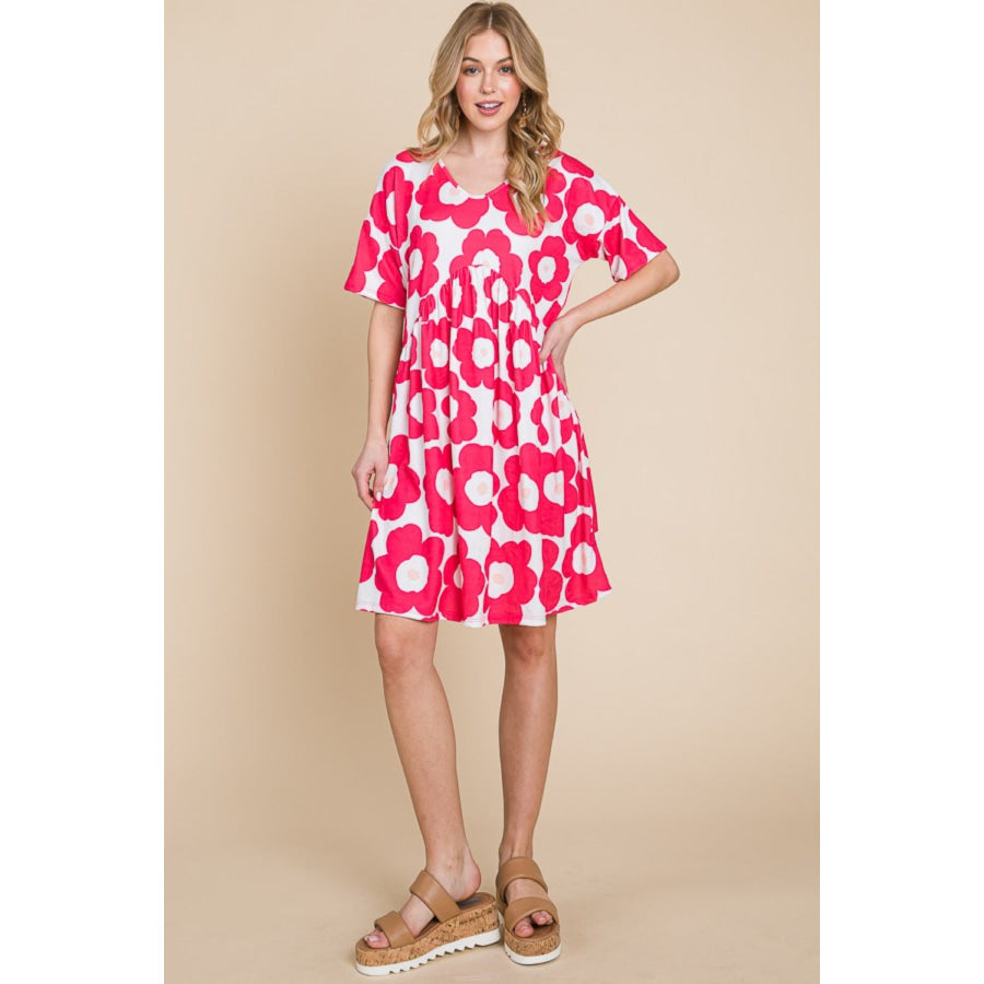 BOMBOM Flower Print Ruched Dress Apparel and Accessories