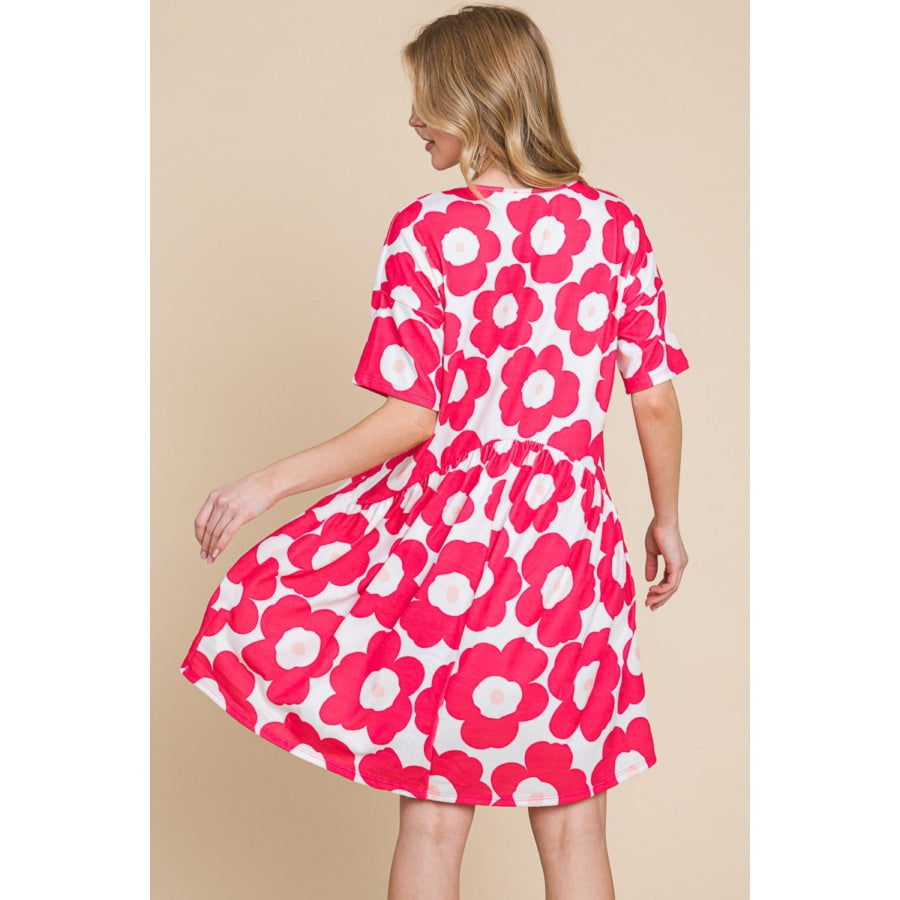 BOMBOM Flower Print Ruched Dress Fuchsia / S Apparel and Accessories