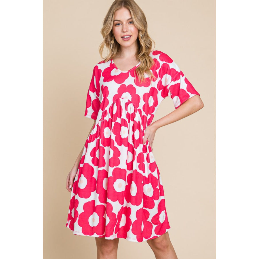 BOMBOM Flower Print Ruched Dress Fuchsia / S Apparel and Accessories