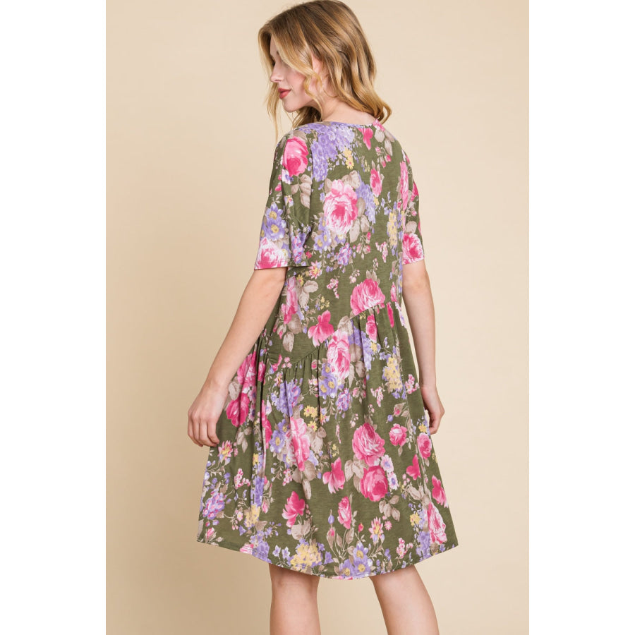 BOMBOM Flower Print V - Neck Ruched Dress Apparel and Accessories