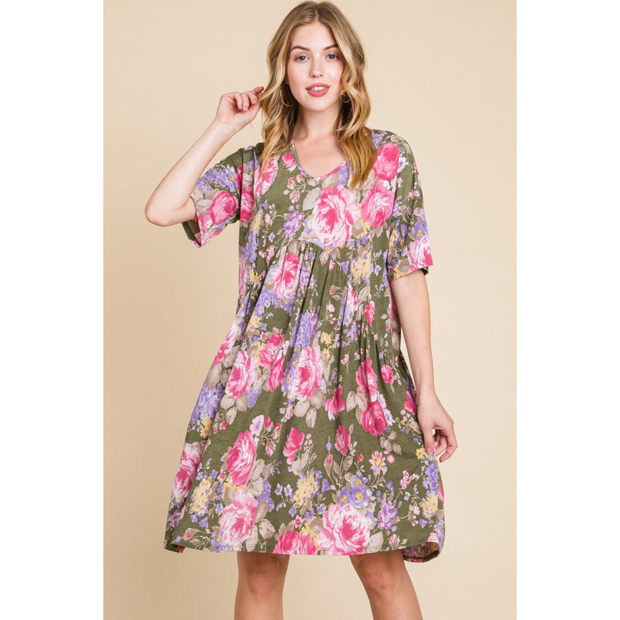 BOMBOM Flower Print V - Neck Ruched Dress Floral / S Apparel and Accessories