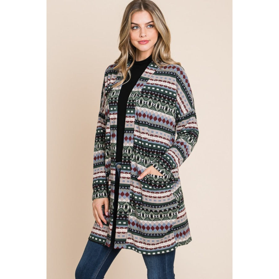 BOMBOM Geometric Open Front Long Sleeve Cardigan with Pockets Apparel and Accessories