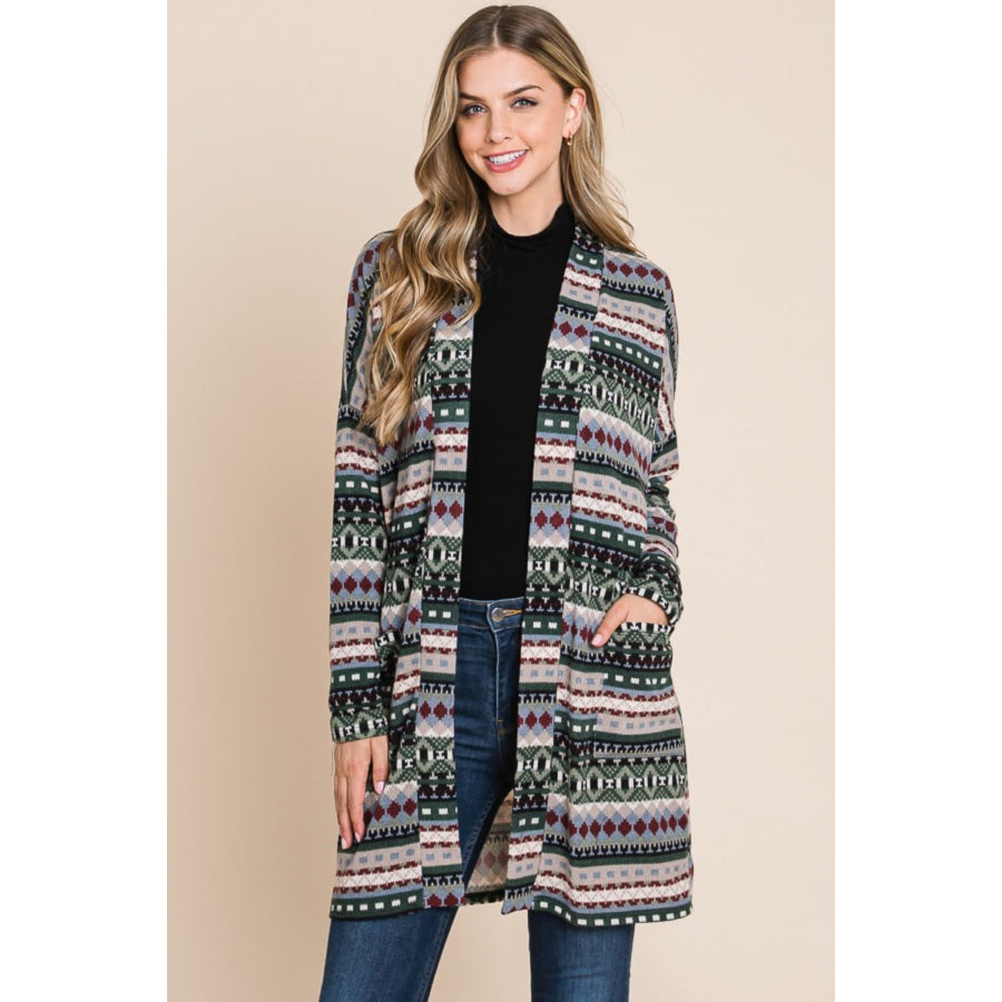 BOMBOM Geometric Open Front Long Sleeve Cardigan with Pockets Apparel and Accessories