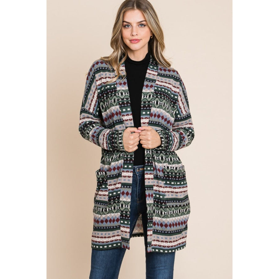 BOMBOM Geometric Open Front Long Sleeve Cardigan with Pockets Green / S Apparel and Accessories