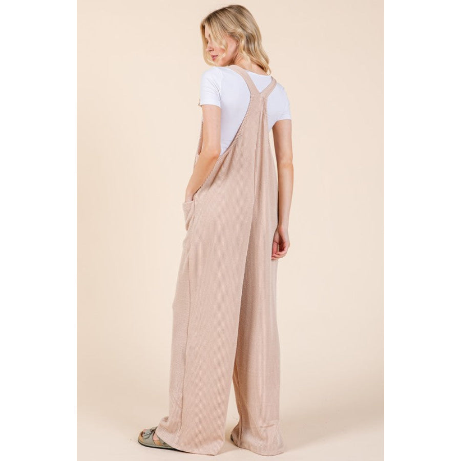 BOMBOM Knot Straps Wide Leg Ribbed Overalls with Pockets Apparel and Accessories