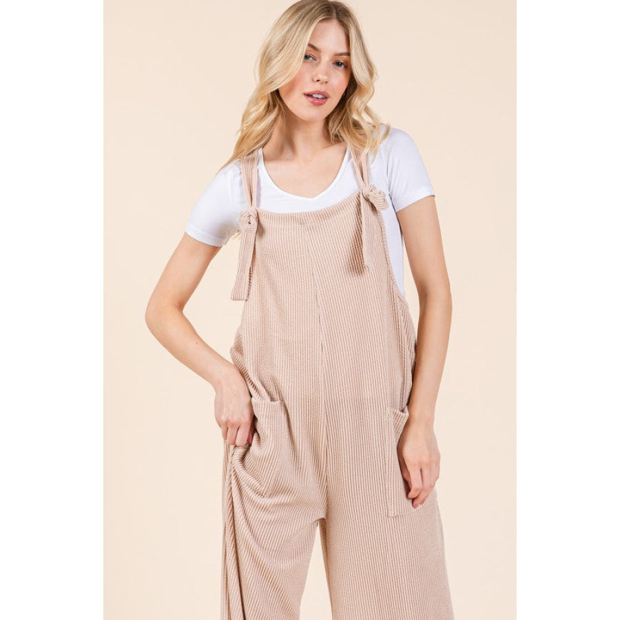 BOMBOM Knot Straps Wide Leg Ribbed Overalls with Pockets Apparel and Accessories