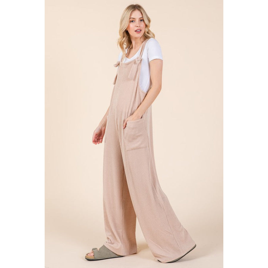 BOMBOM Knot Straps Wide Leg Ribbed Overalls with Pockets Apparel and Accessories