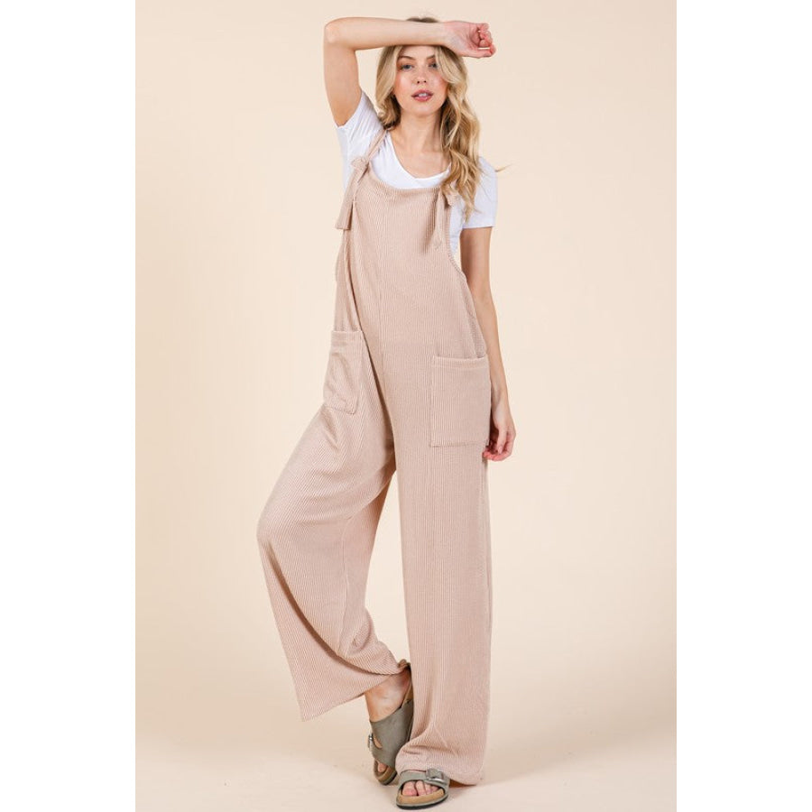 BOMBOM Knot Straps Wide Leg Ribbed Overalls with Pockets Apparel and Accessories