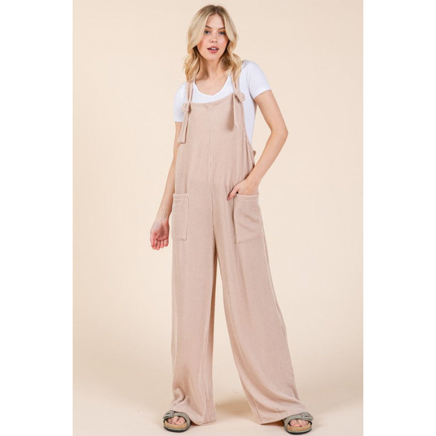 BOMBOM Knot Straps Wide Leg Ribbed Overalls with Pockets Dust Storm / S Apparel and Accessories