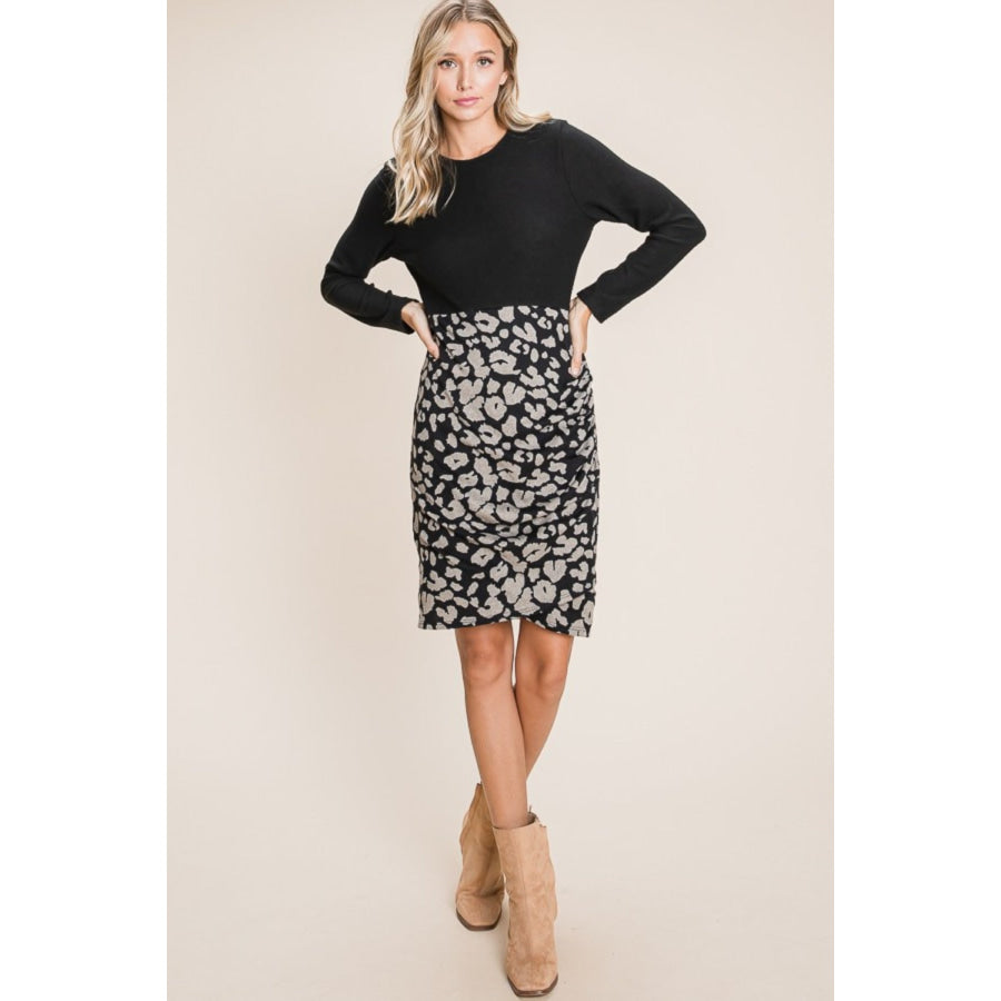 BOMBOM Leopard Color Block Knit Dress Apparel and Accessories