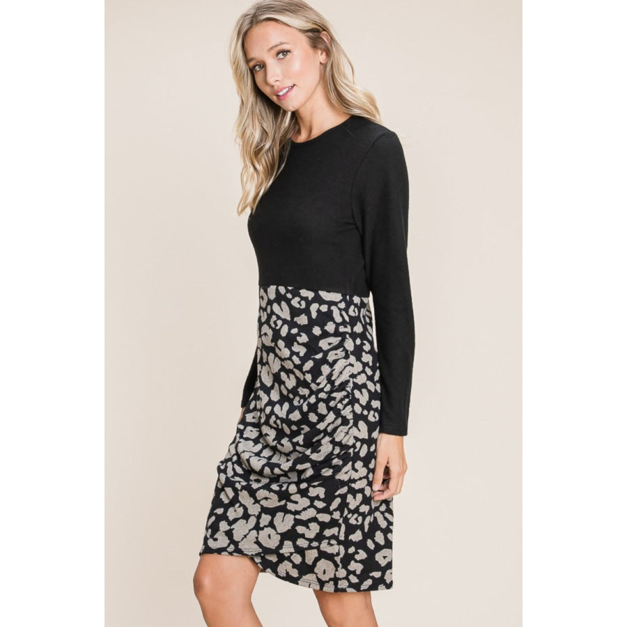 BOMBOM Leopard Color Block Knit Dress Apparel and Accessories