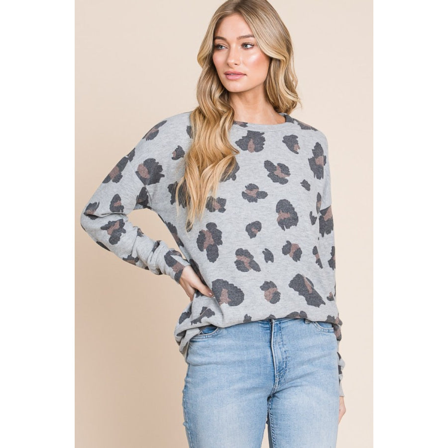 BOMBOM Leopard Drop Shoulder T-Shirt Gray / S Apparel and Accessories