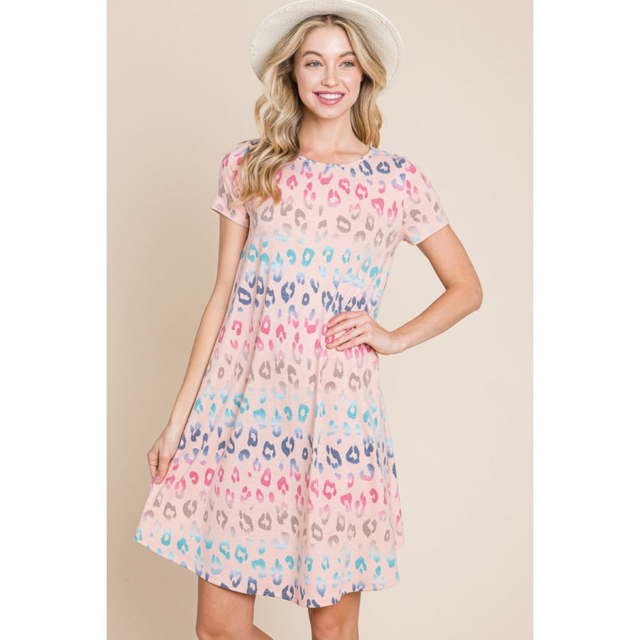 BOMBOM Leopard Round Neck Short Sleeve Dress Blush / S Apparel and Accessories